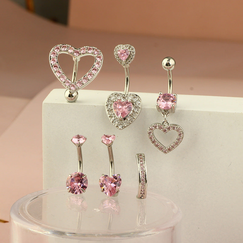 1 Piece 1 Set Belly Rings Hip-Hop Shiny Heart Shape 316L Stainless Steel  Copper Hollow Out Inlay Zircon Belly Rings