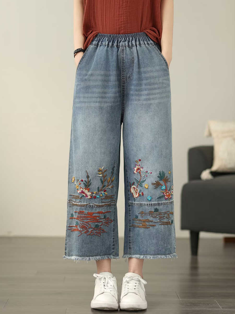 Women Casual Summer Flower Embroidery Denim Straight Pants