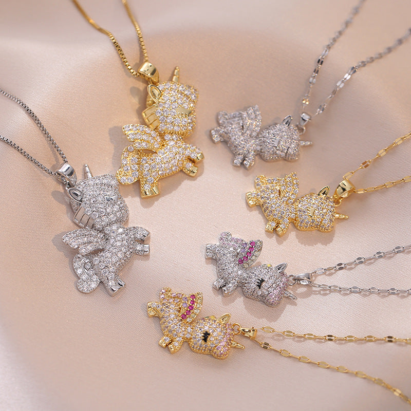 Jewelry Simple Style Classic Style Solid Color Titanium Steel Rhinestones Inlay Pendant Necklace