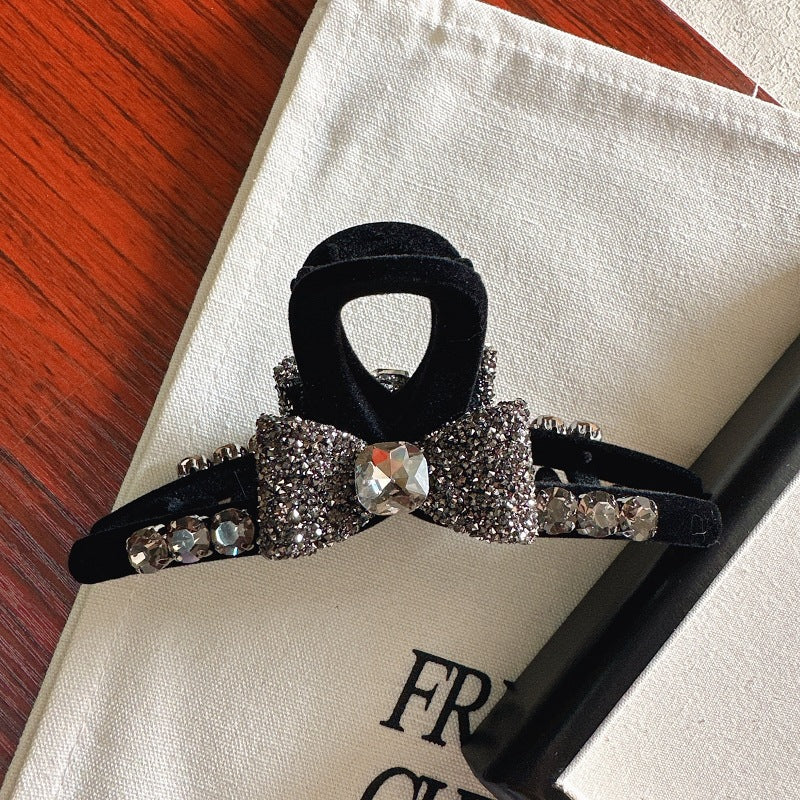High-Grade Full Diamond Bow Hair Accessories Barrettes Women's Back Head Grip  Former Red Style Flocking Large Size Shark Clip
