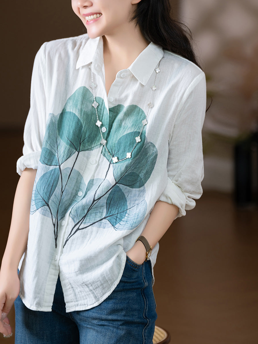 Women Autumn Artsy Flower 100%Cotton Turn-down Collar Shirt