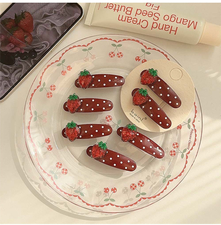Sweet Women's Polka Dots Strawberry Alloy Inlay Rhinestones Hair Clip