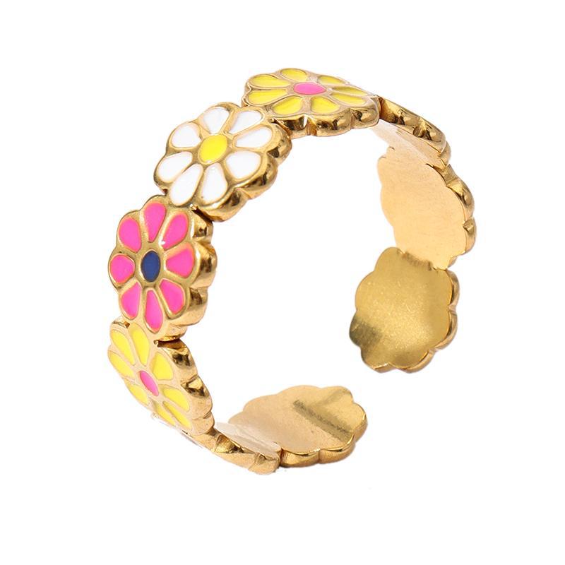 Jewelry Retro Sweet Stripe Flower 304 Stainless Steel Enamel Open Rings