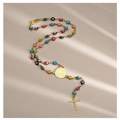 Jewelry Elegant Cross Devil's Eye Titanium Steel Enamel Pendant Necklace