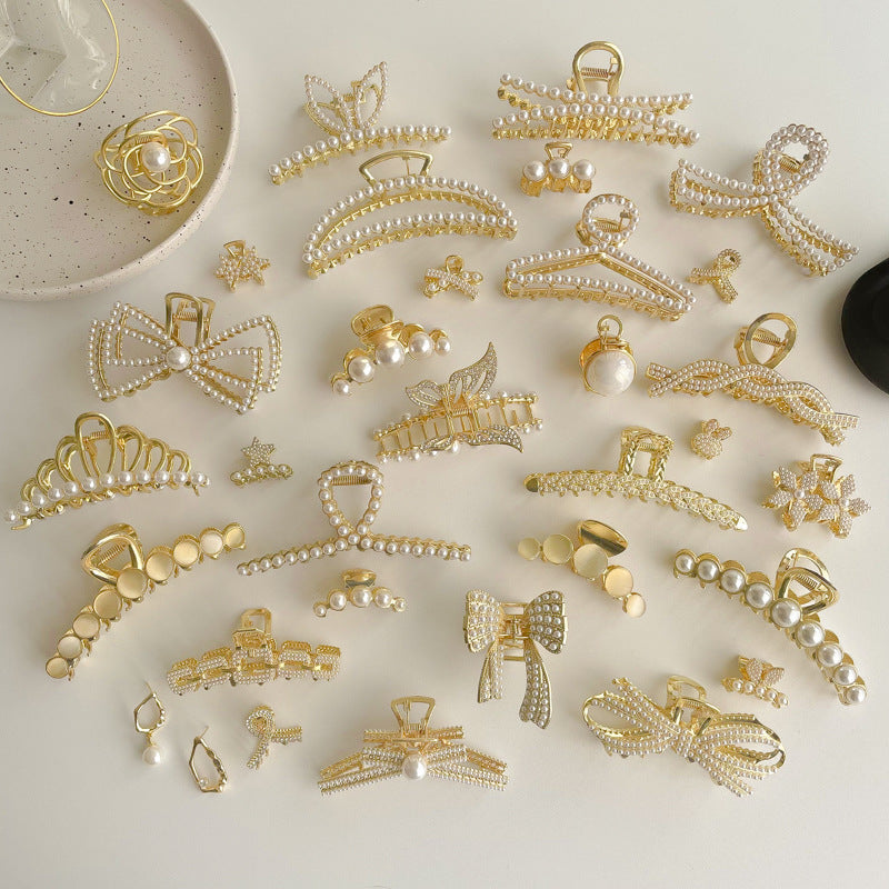 casual simple style round crown solid color metal inlay pearl hair claws