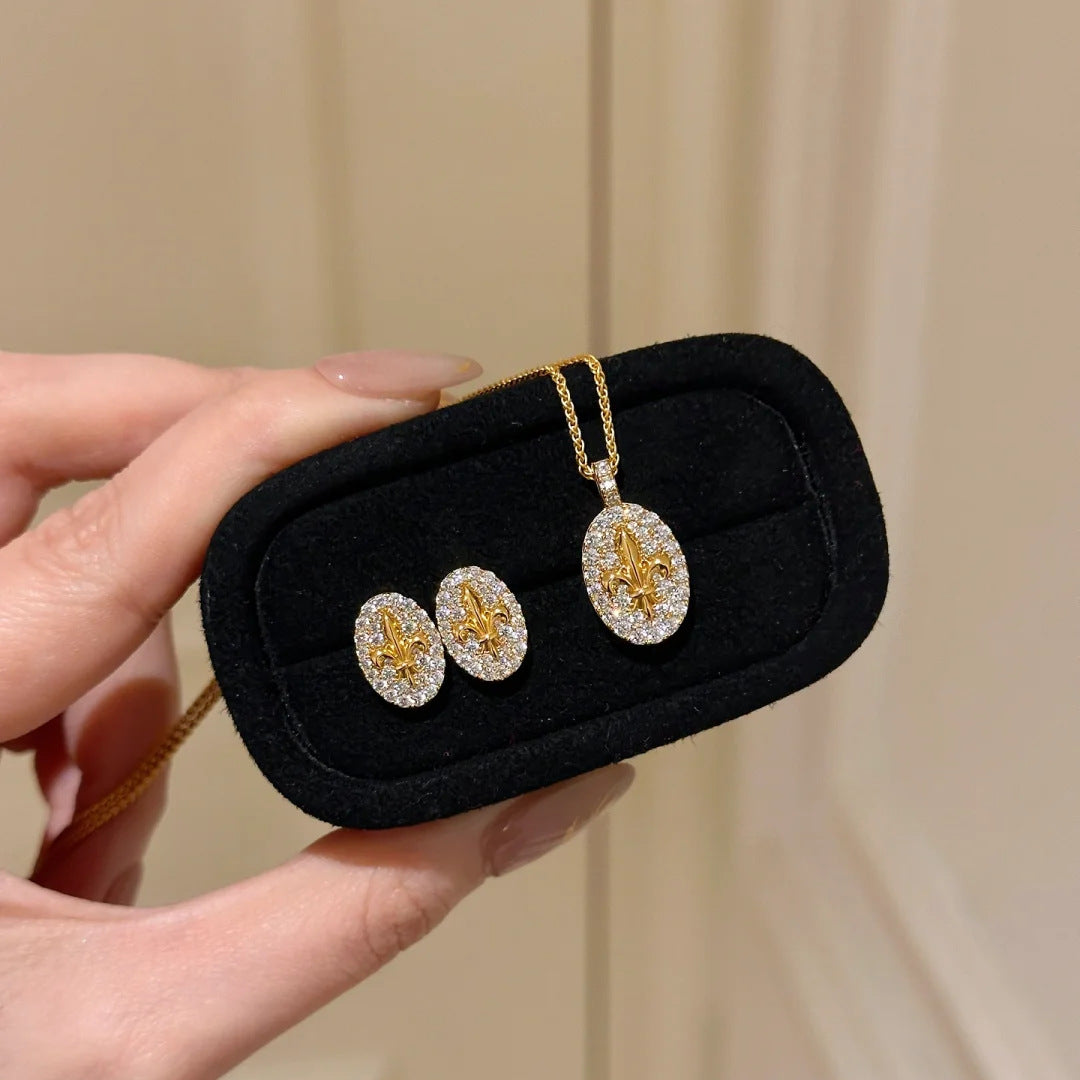 French retro premium iris pendant necklace light luxury ins flower stud earrings temperament diamond-set open ring