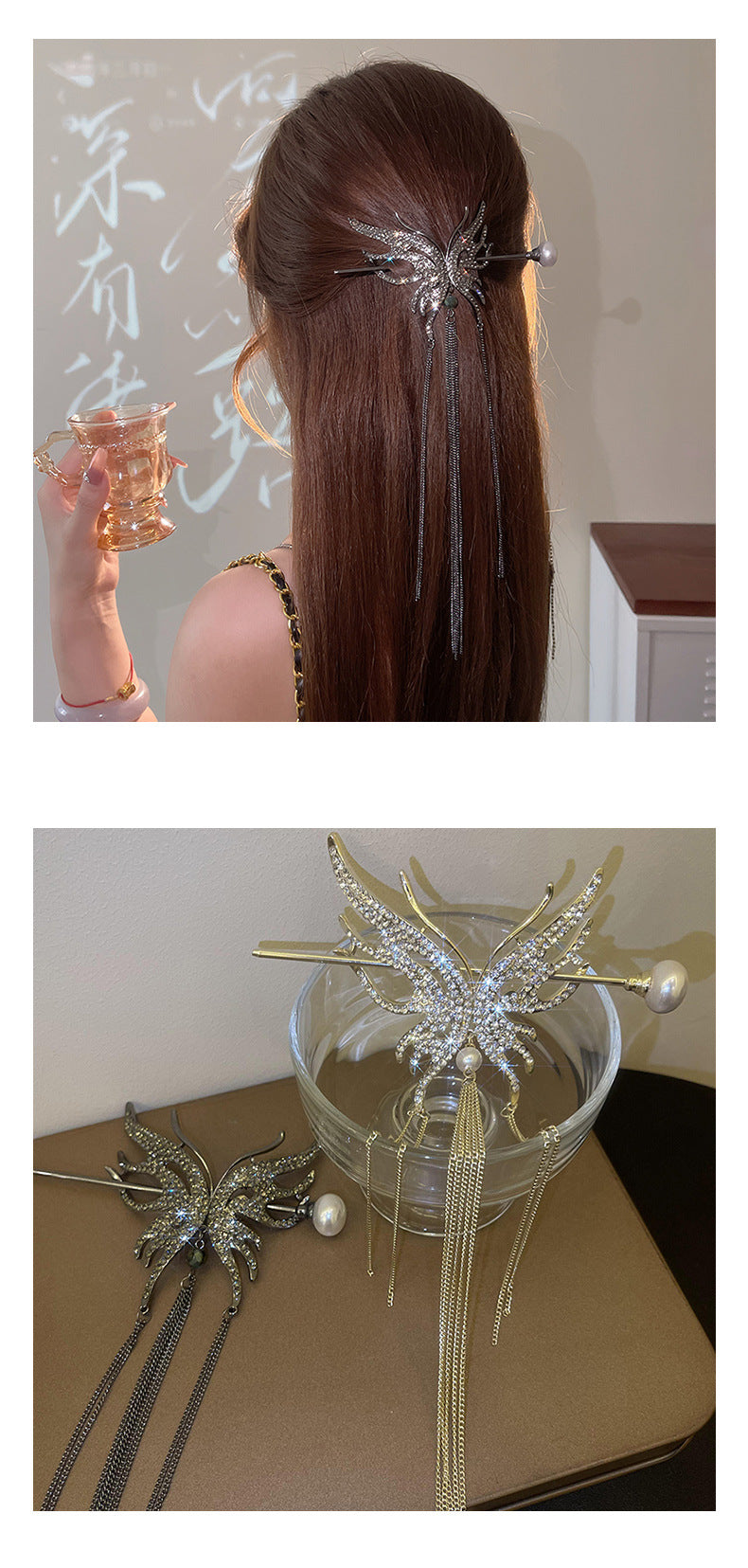 retro fashion romantic butterfly copper tassel butterfly inlaid pearls artificial pearls rhinestones hairpin