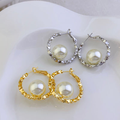 Copper plated real gold Korean version fashion broken silver earrings pearl earrings