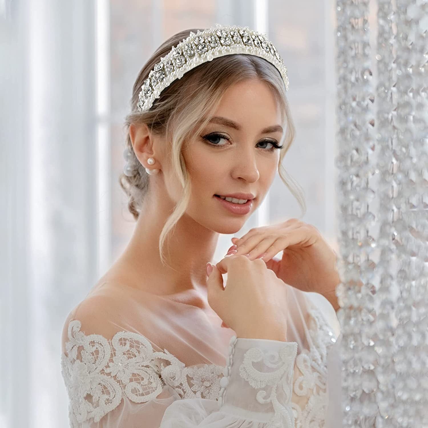 Women's Lady Geometric Artificial Pearl Cloth Rhinestone Hair Band