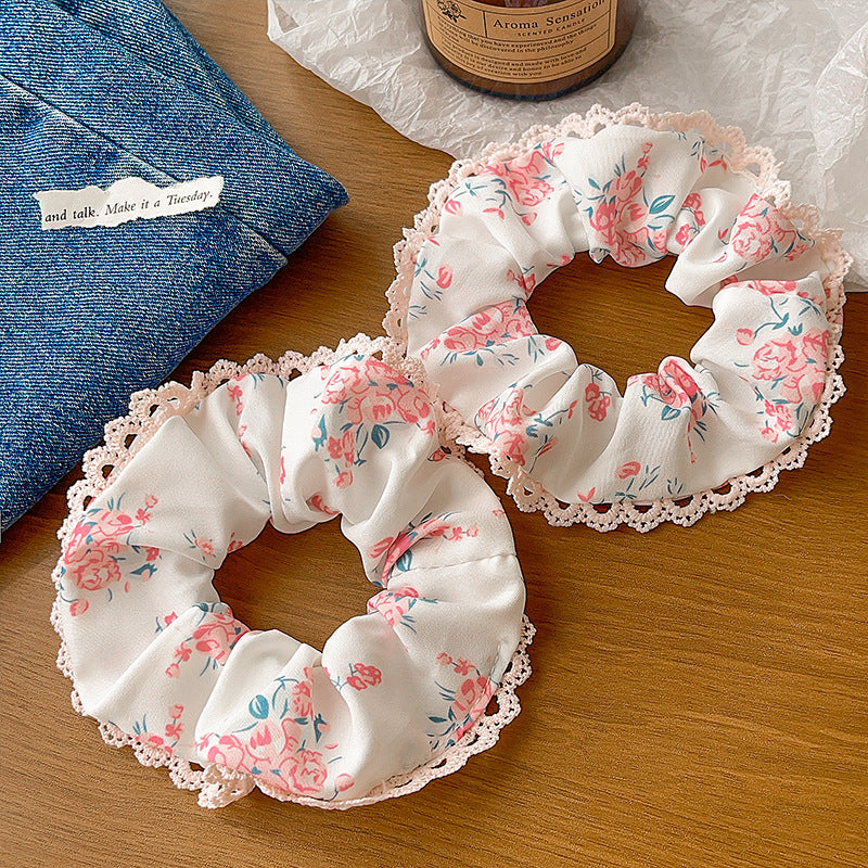 Women's Japanese Style Sweet Pastoral Flower Cloth Rib-Knit Lace Hair Tie