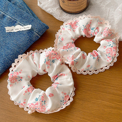 Women's Japanese Style Sweet Pastoral Flower Cloth Rib-Knit Lace Hair Tie