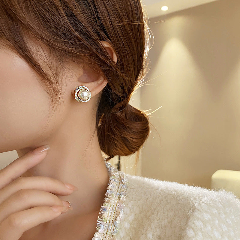 925 Silver Needle Spiral Pearl Stud Earrings Women's Premium Temperament Earrings