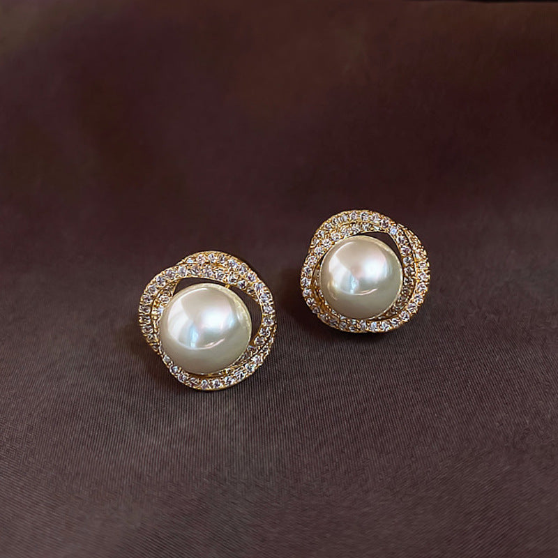 925 Silver Needle Spiral Pearl Stud Earrings Women's Premium Temperament Earrings