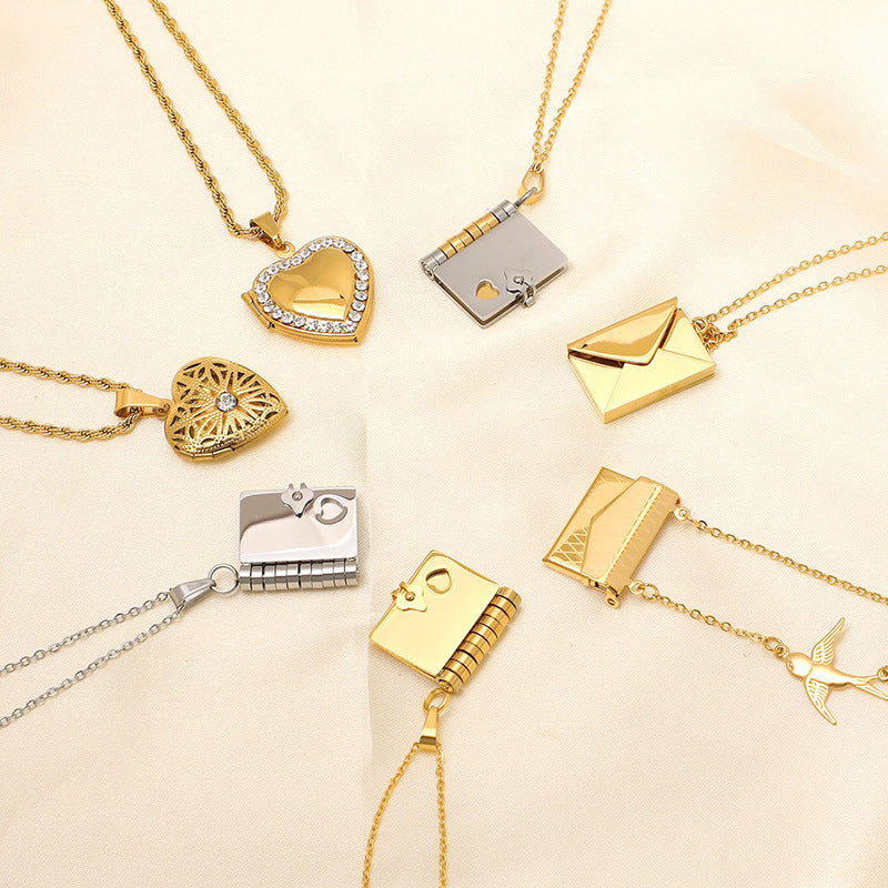 Jewelry IG Style envelope Heart Shape Titanium Steel Zircon Gold Plated Inlay Pendant Necklace