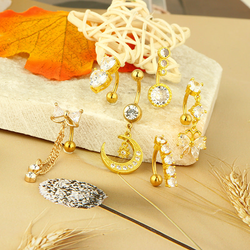 1 Piece Belly Rings Simple Style Shiny Round Heart Shape Bow Knot 316L Stainless Steel  Inlay Zircon