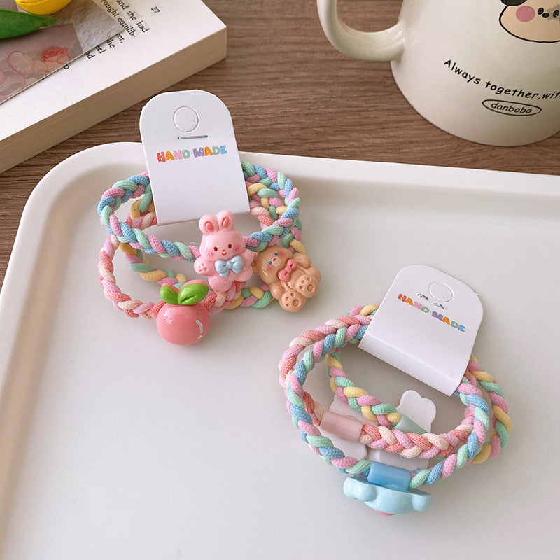 3 Sweet Fresh Ice Cream Color Cartoon Rabbit Flower Color Woven Ponytail Hair Ring Girl Student Hair Rope