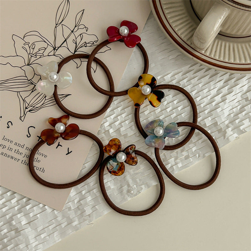 Women's Sweet Flower Acetic acid sheets Pearl Hair Tie
