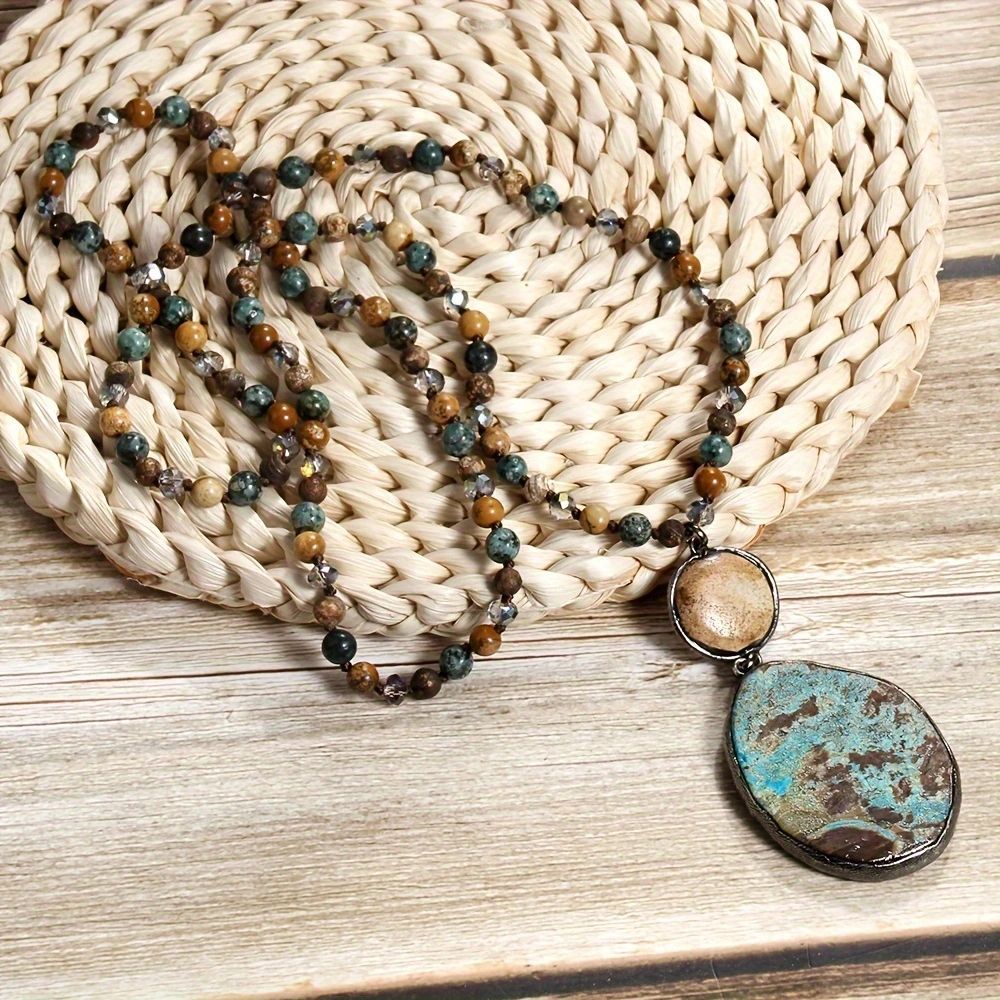 Retro Geometric natural stone Beaded Chain Pendant Necklace In Bulk