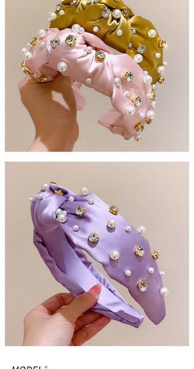 retro lady classic style solid color cloth inlaid pearls hair band