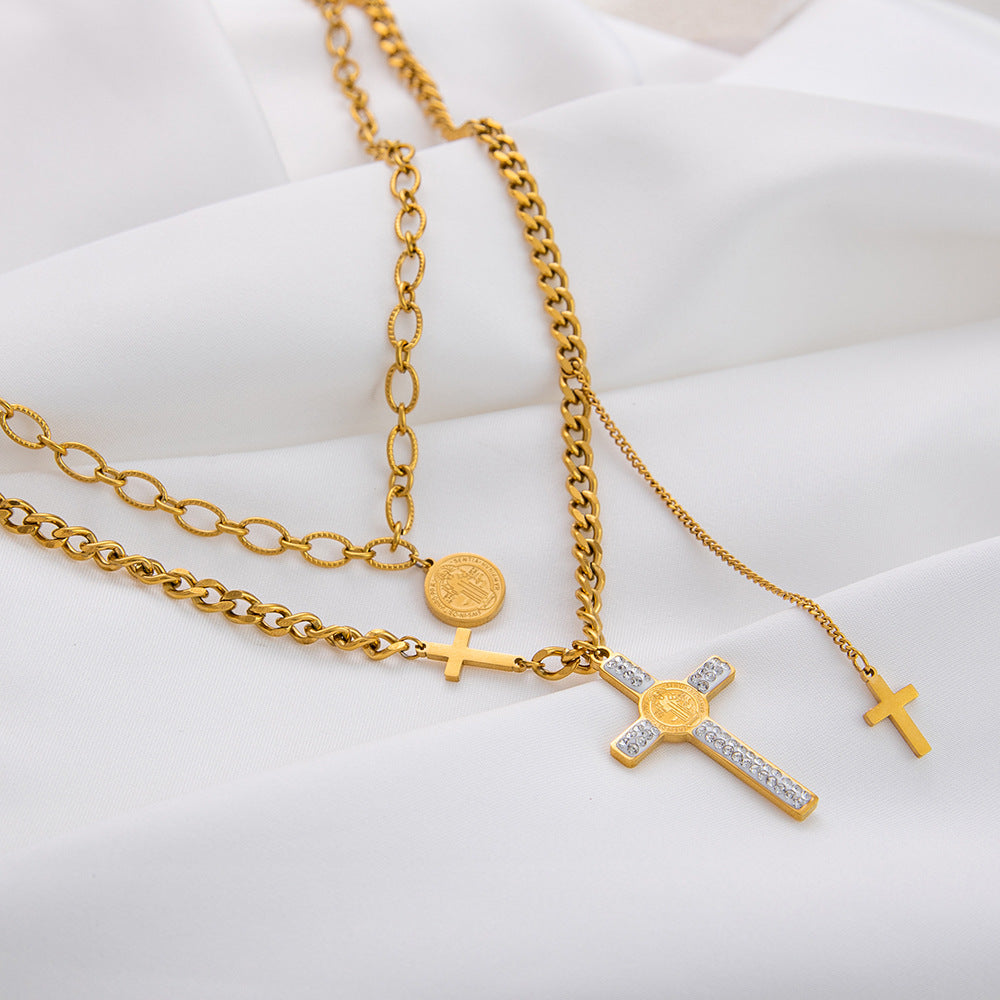 Jewelry Vintage Style Cross 304 Stainless Steel Plating Double Layer Necklaces
