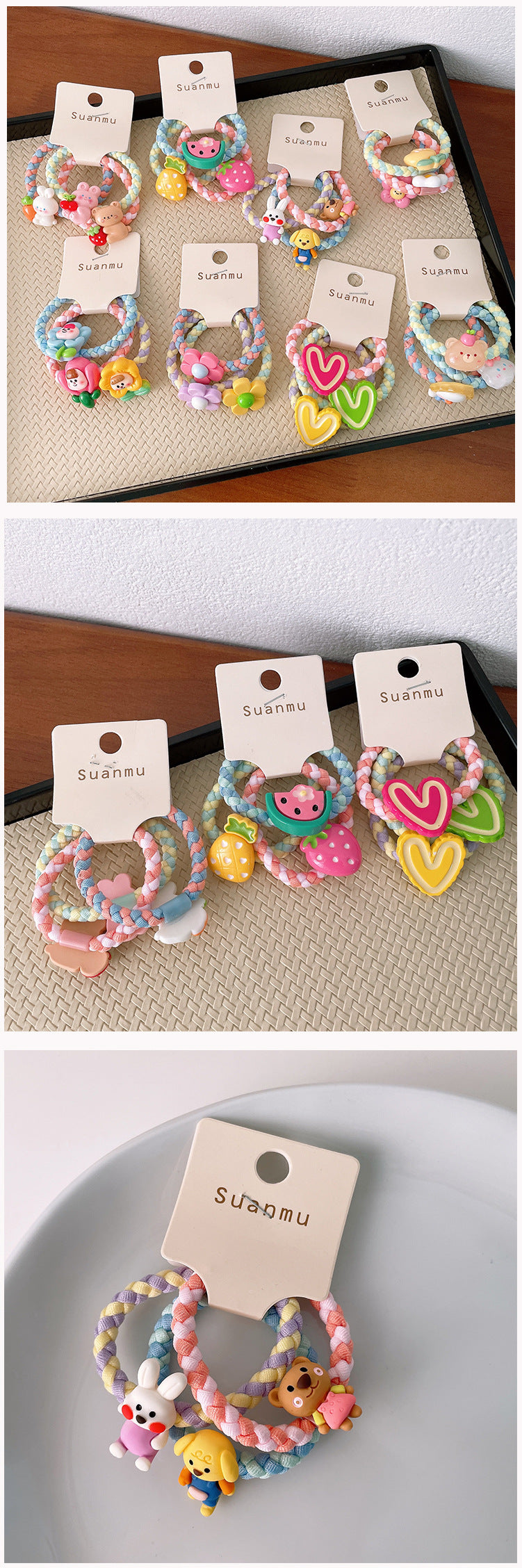 kid's cartoon style animal fruit flower cloth resin contrast collar hair tie