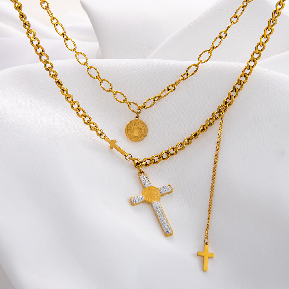 Jewelry Vintage Style Cross 304 Stainless Steel Plating Double Layer Necklaces
