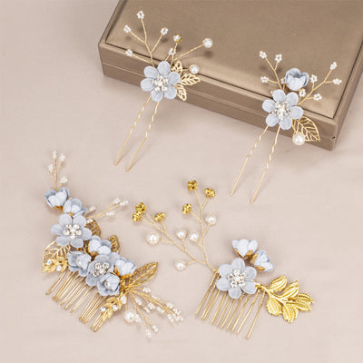 Women's IG Style Sweet Flower Cloth Metal Handmade Pearl Inlay Rhinestones Insert comb