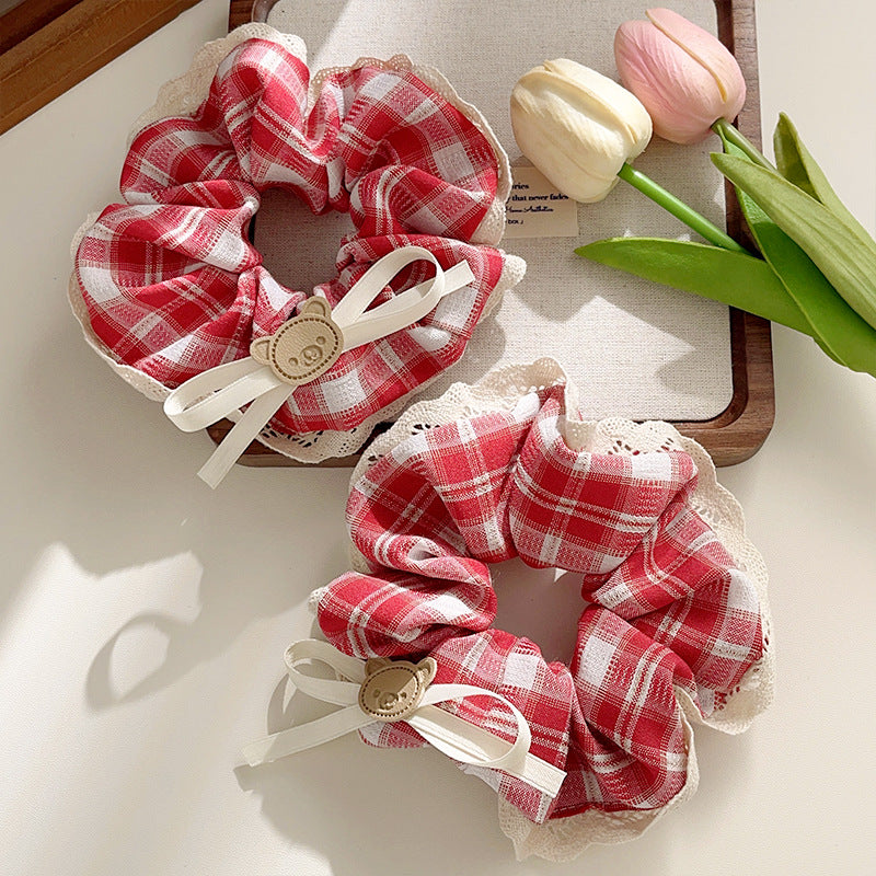 Women's Casual Preppy Style Lattice Bear Bow Knot Cloth Lace Hair Tie