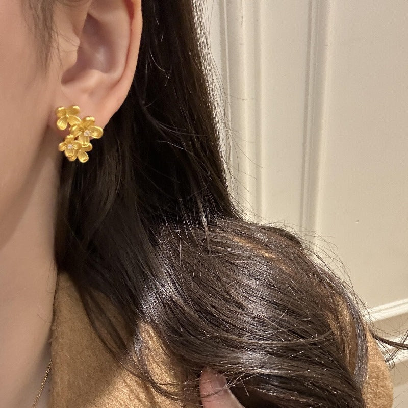 Light luxury retro brushed osmanthus diamond stud earrings bracelet necklace new Chinese style high-end exquisite jewelry set