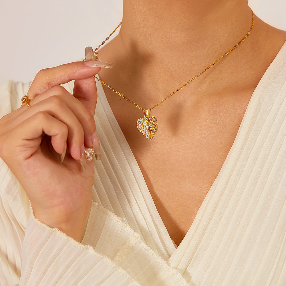 Jewelry Casual Elegant Heart Shape Wings 304 Stainless Steel Copper Zircon Pendant Necklace