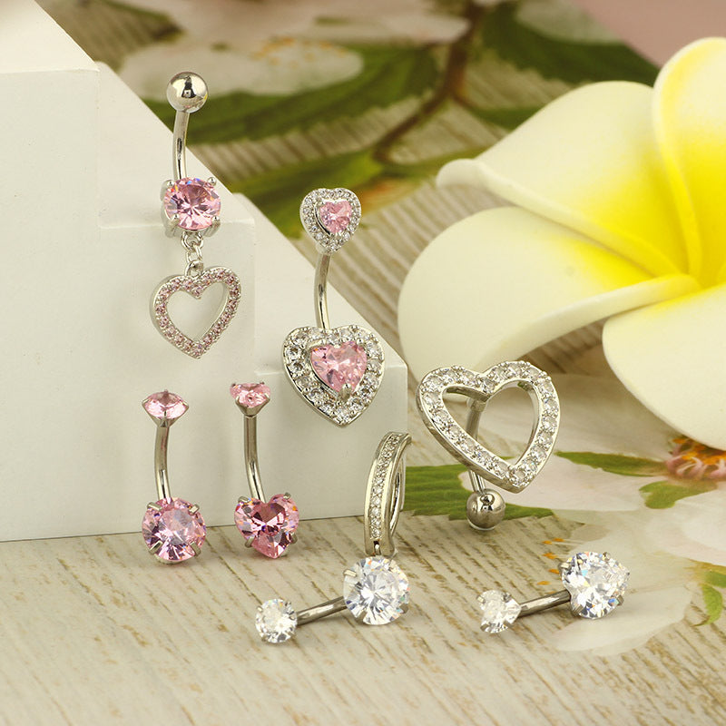 1 Piece 1 Set Belly Rings Hip-Hop Shiny Heart Shape 316L Stainless Steel  Copper Inlay Zircon Belly Rings