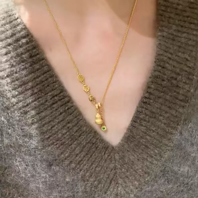 Gold-plated brushed craft lucky gourd necklace, women's yellow-gold Fulu tassel pendant, collarbone chain, gift for girlfriend