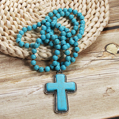 Bohemian Cross natural stone Beaded Chain Pendant Necklace In Bulk