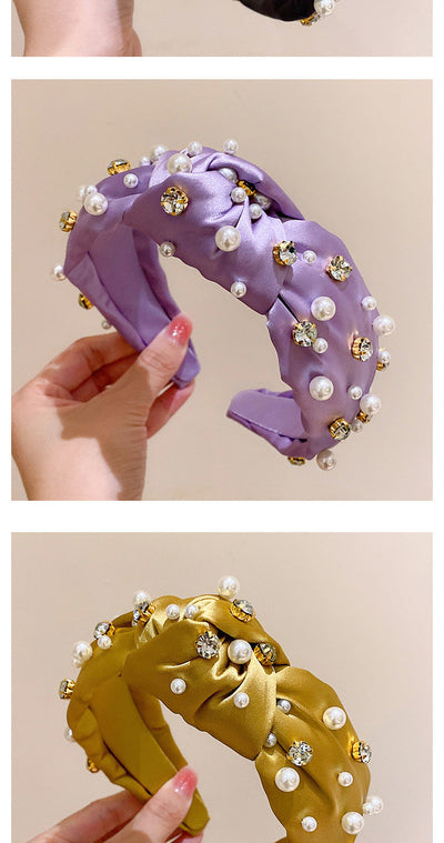 retro lady classic style solid color cloth inlaid pearls hair band