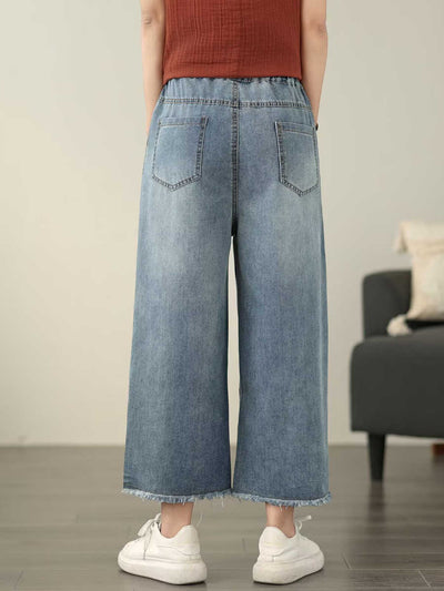 Women Casual Summer Flower Embroidery Denim Straight Pants