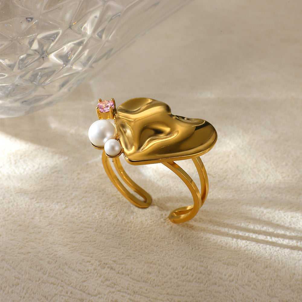 Jewelry IG Style Exaggerated Heart Shape Eye Solid Color 304 Stainless Steel Pearl Zircon Inlay Open Rings