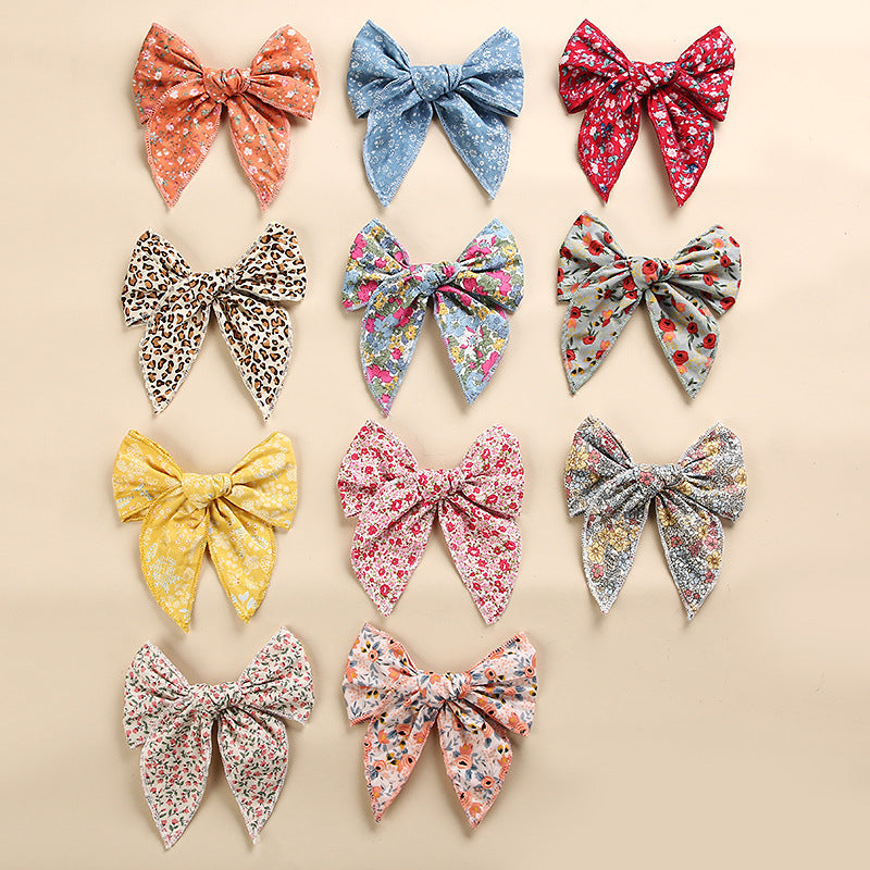 spring new cotton print hairpin children girl bow ponytail hairpin