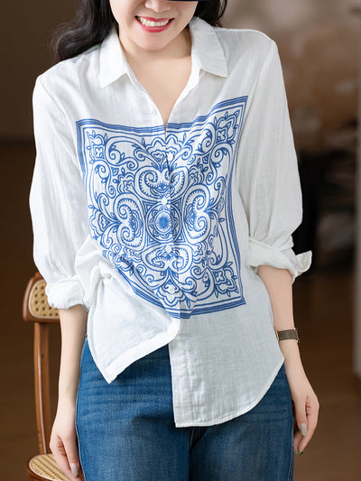 Women Autumn Artsy Flower 100%Cotton Turn-down Collar Shirt