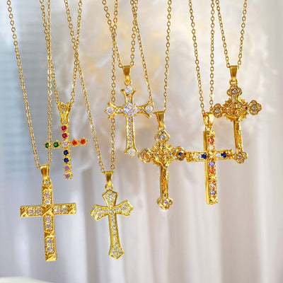 Copper cable chain Plating Cross Zircon Pendant Necklace