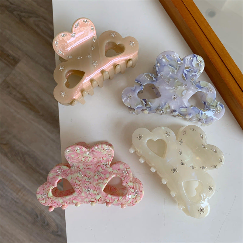 Women's Sweet Heart Shape Acetic acid sheets Hollow Out Inlay Rhinestones Hair Claws