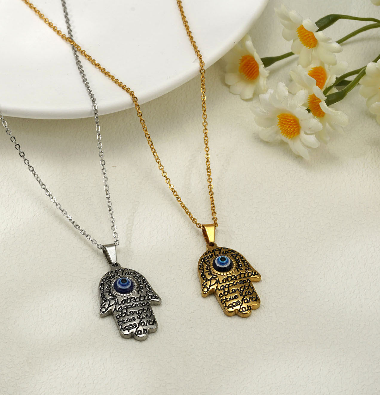 Jewelry Retro Hand Of Fatima Titanium Steel Pendant Necklace