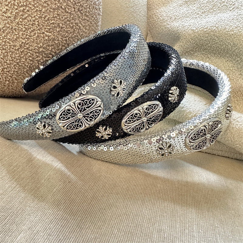 High-Grade French Headband  Internet Celebrity  Fengshui Diamond Letter H Hairpin Special-Interest Design Sequ Headband Hair Accessories