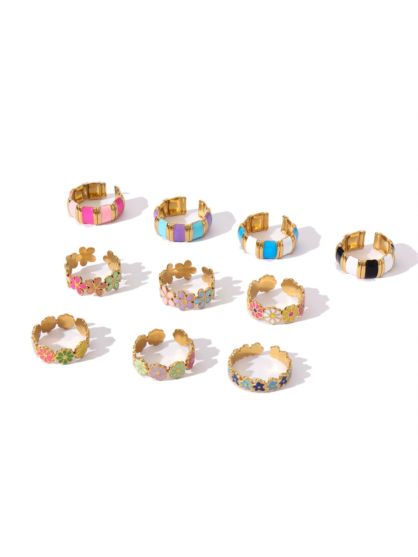 Jewelry Retro Sweet Stripe Flower 304 Stainless Steel Enamel Open Rings