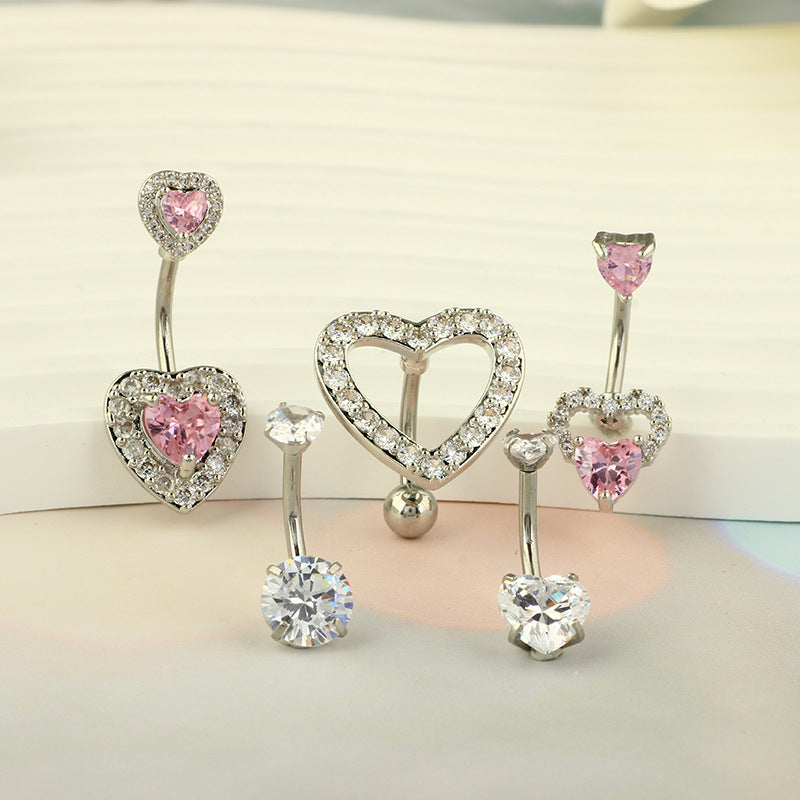 1 Set Belly Rings Simple Style Heart Shape 316 Stainless Steel  Inlay Rhinestones Belly Rings