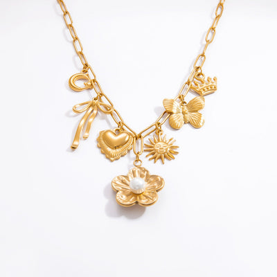 Jewelry Elegant Classic Style Heart Shape Flower 304 Stainless Steel Plating Multi Charms Necklace
