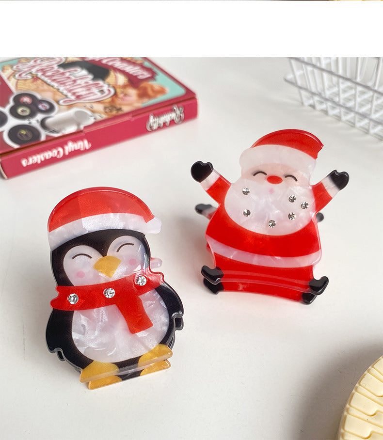 Christmas Cute Women's Penguin Santa Claus Arylic Inlay Rhinestones Hair Claws