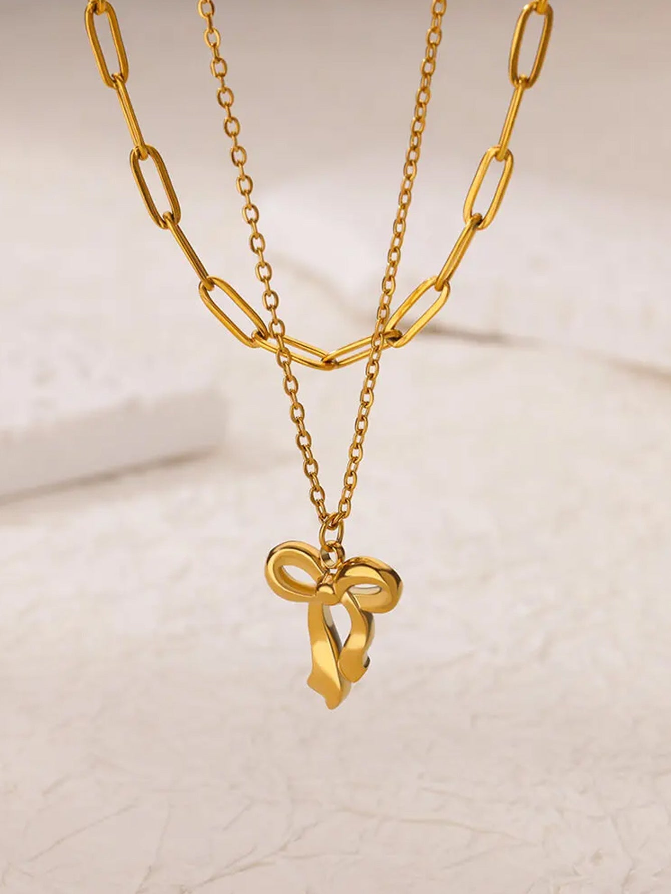 Jewelry Elegant Streetwear Bow Knot 304 Stainless Steel Plating Double Layer Necklaces