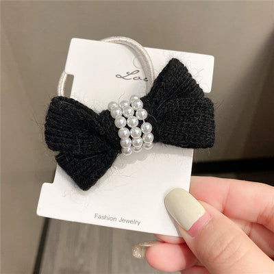 autumn and winter new bow wool simple headband female online influencer ins rubber band female hair tie pearl tie waist hair ring