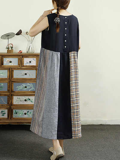 Plus Size Women Summer Plaid Spliced 100%Linen Vest Dress