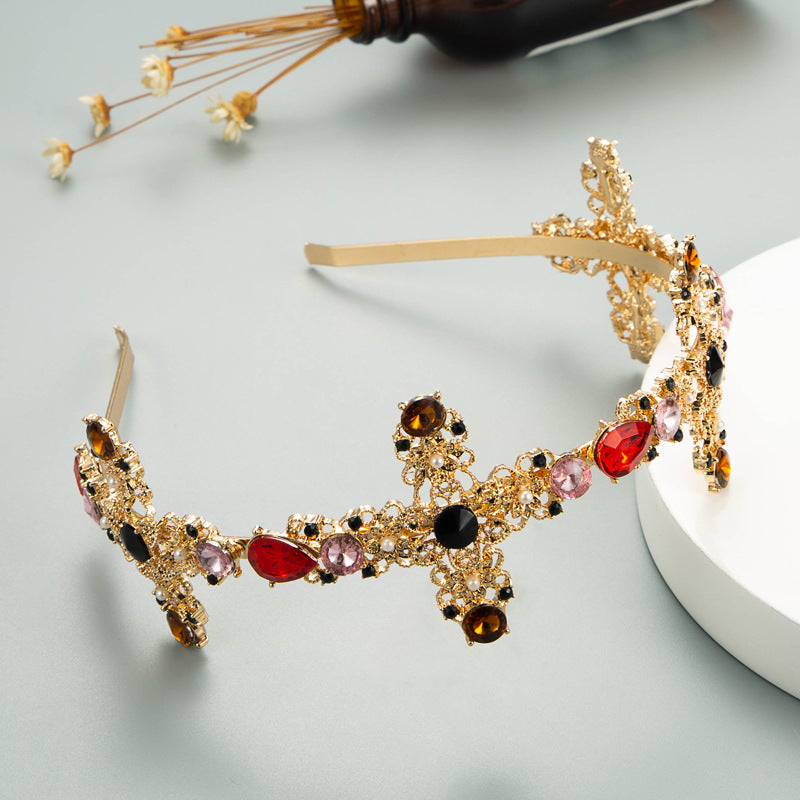 baroque golden cross inlaid color rhinestone headband